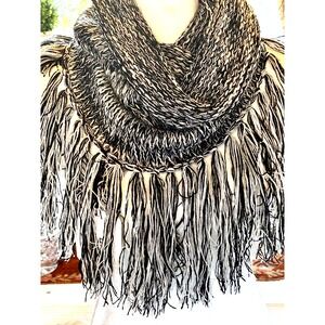 Infinity Scarf  Neck Wrap Warmer  Black Ivory Fringe Code Heart NEW  Tags